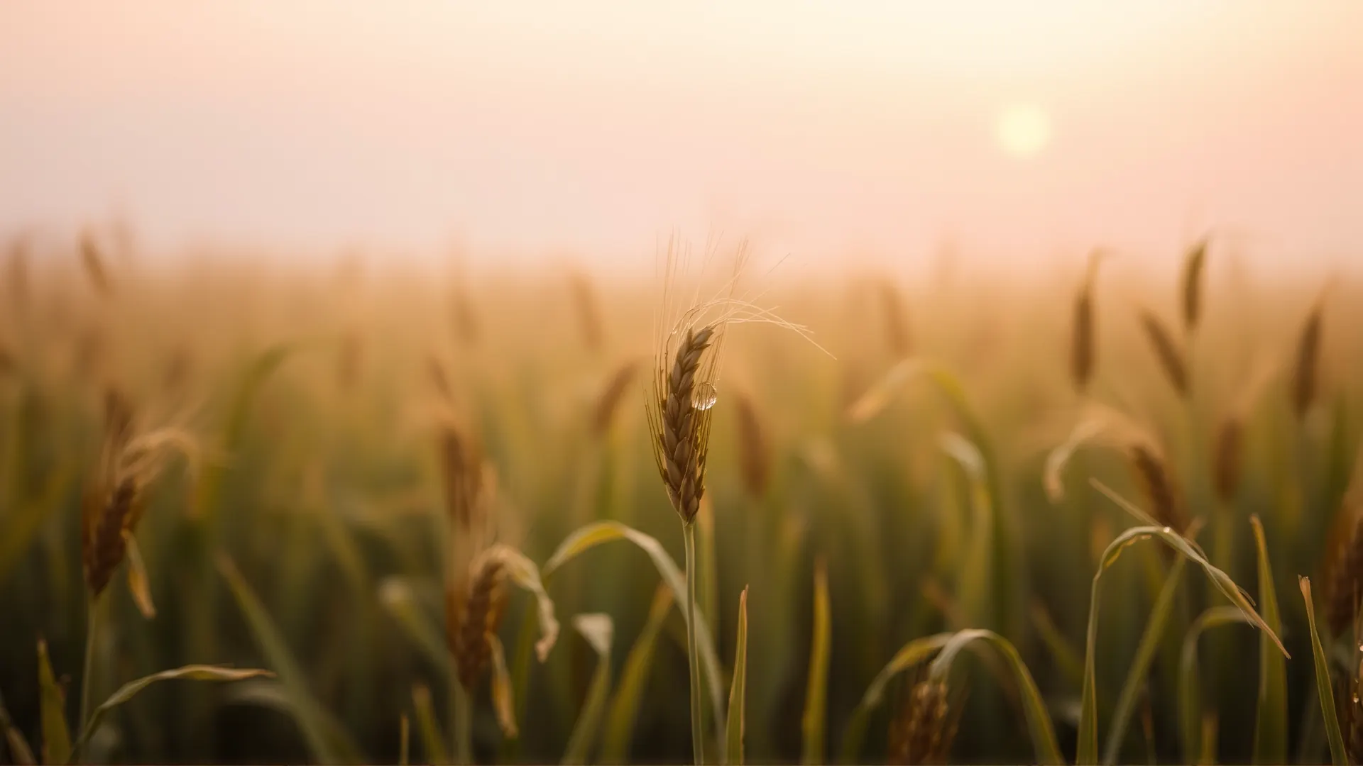 Wheat heads with morning dew in a misty Kansas field at dawn